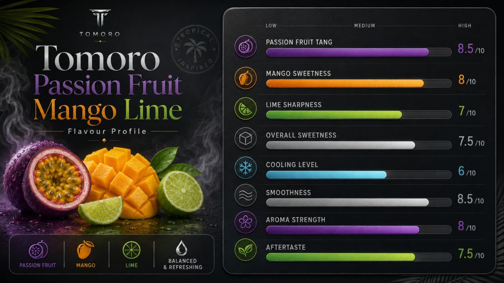 Tomoro Passion Fruit Mango Lime Flavour Profile
